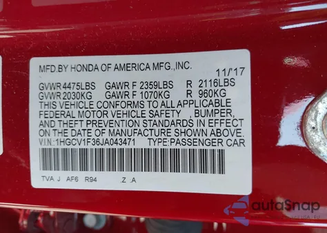 2018 Honda Accord Sport from USA, damaged, VIN 1HGCV1F36JA043471